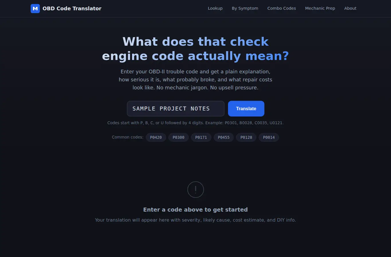 Screenshot of OBD Code Translator & Fix Estimator interface showing the project page in use